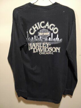 Vintage Y2K Harley Davidson Long Sleeve Shirt Chicago Skyline Skull Black Large